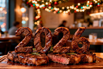 Juicy steak arranged in the shape of the numbers 2026 on a wooden plate, with a blurred festive restaurant background and New Year's atmosphere suitable for banner advertising in food industry