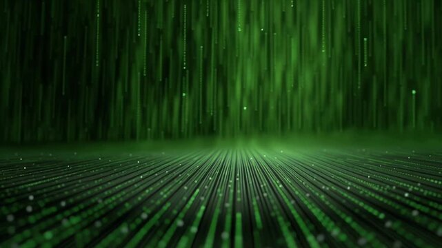 Rows of glowing green binary code flow forward forming an endless digital grid in abstract perspective motion representing virtual data stream and cyberspace visualization