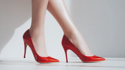 Elegant red high heels worn by woman, minimal fashion concept with glossy shoes and soft lighting, highlighting style, femininity and modern sophistication.