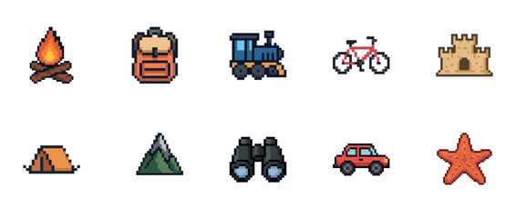 Pixel art icons: camping, backpacking, travel, cycling, and beach activities