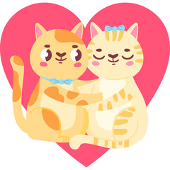Two Adorable Cartoon Cats Hugging Inside a Large Pink Heart Shape with a Transparent Background Symbolizing Love and Companionship