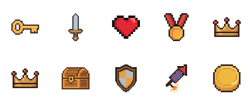 Pixel art icons: key, sword, heart, medal, crown, chest, shield, firework, coin