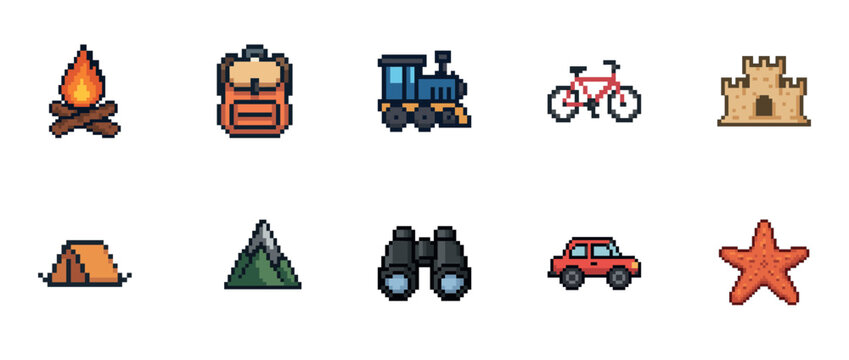 Pixel art icons: camping, backpacking, travel, cycling, and beach activities