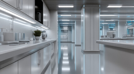 Minimal futuristic laboratory interior with sleek white surfaces, stainless steel equipment, bright lighting, and modern design, evoking clean
