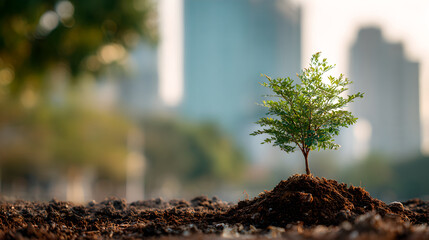 Small young sapling grows in fresh soil against a blurred urban city. 