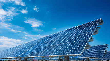 Long rows of solar panels generate clean energy on vast rural farmland. 