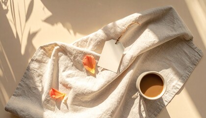 Aesthetic Still Life with Coffee, Blank Tag, and Linen Cloth Serene Lifestyle Scene