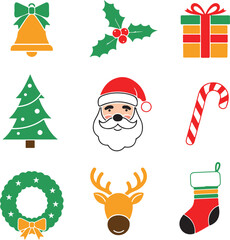 Vector art of collection of christmas icons including a bell, holly, gift, tree, santa claus, candy cane, wreath, reindeer, and stocking