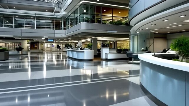 Modern hospital lobby showcases clean design and spacious environment for patient comfort and efficient service