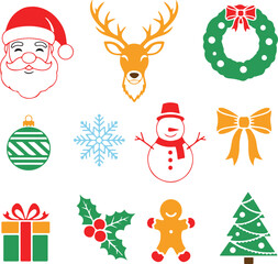 Vector art of assortment of christmas themed icons featuring santa, reindeer, snowman, christmas tree, snowflake, gingerbread man, and gift