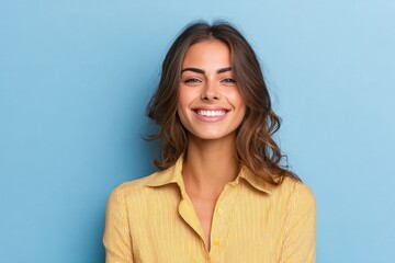 Fototapeta premium Joyful Portrait of a Smiling Young Woman with Brown Hair, Embracing Nature and Spreading Positivity