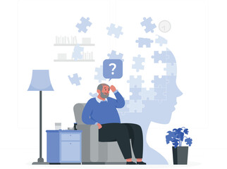 Elderly Man with Dementia and Memory Loss Puzzled in a Room with a Silhouette of a Head vector illustration