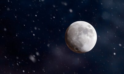 detailed moon in the night, snow is falling