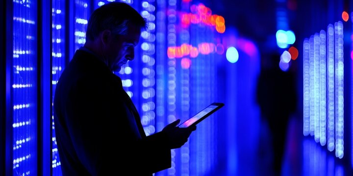 Modern Researcher Conducting Innovative Exploration with Digital Tools in a Blue Lighted Workspace - Powered by Adobe