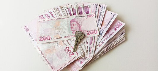 Turkish lira banknotes on the table. Business and finance concept