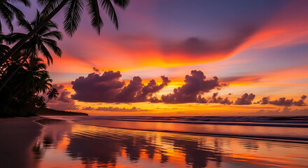Vibrant tropical beach sunset with a dramatic orange and purple sky reflecting on the calm ocean water and silhouetted palm trees