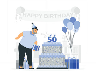 Man blowing out candles on a 50th birthday cake with balloons and gifts celebration happy birthday