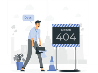 Businessman looking distressed next to a 404 error sign and traffic cone oops