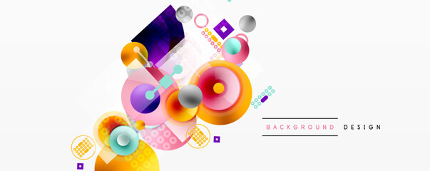 Obraz premium Abstract colorful shapes overlap, creating dynamic composition. Circles, squares, rectangles form modern design elements. Bright hues dominate.