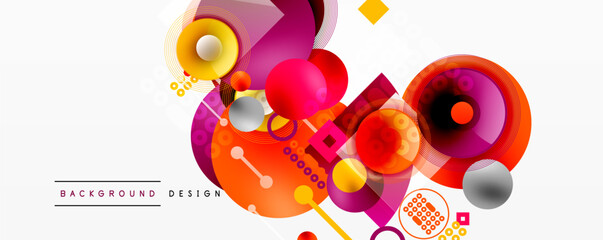 Abstract colorful shapes overlap, creating dynamic background. Circles, squares, lines form modern design. Bright hues dominate composition.