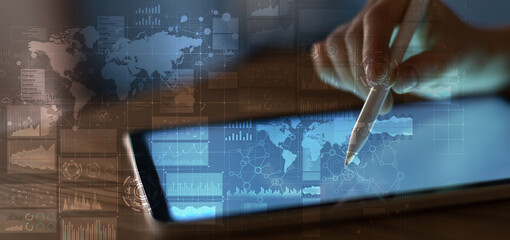 Global Data Analytics and Market Research Displayed on a Digital Tablet Interface.