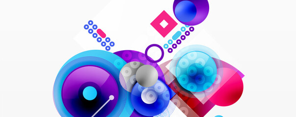 Abstract composition featuring vibrant circles, squares, dots. Gradient colors create dynamic visual effect. Modern design elements present.