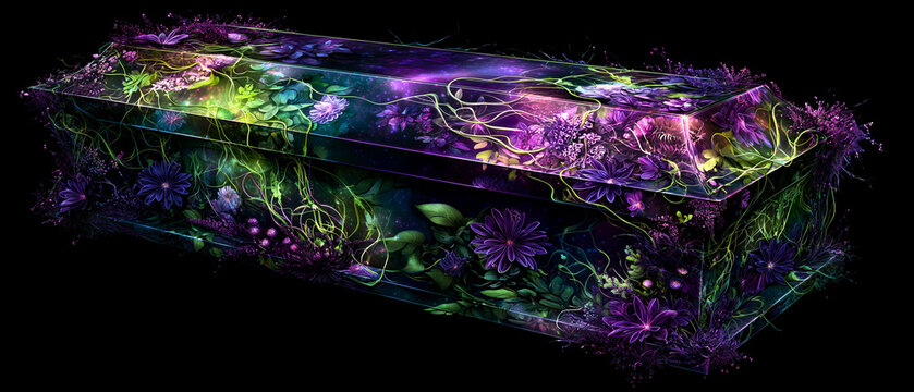 gothic neon purple and green floral pattern on a coffin isolated over black background