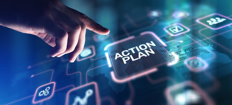 Action Plan Strategic Planning and Goal Setting, projection on a virtual screen, Business and Technology Concept.