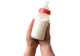 Baby's hand holding a milk bottle Isolated on transparent or white Background, top view, close up