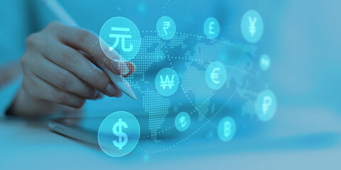 Global Currency Exchange and Digital Payment System Interface with World Map Background.