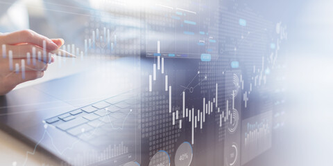 Stock Market Data Visualization and Financial Trading Analytics Dashboard on Touchscreen Tablet.