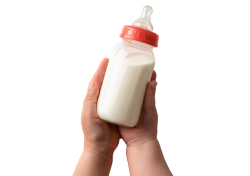 Baby's hand holding a milk bottle Isolated on transparent or white Background, top view, close up