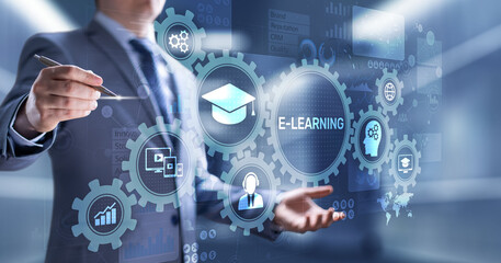 E-learning, Online education, internet studying. Business, technology and personal development concept on virtual screen.