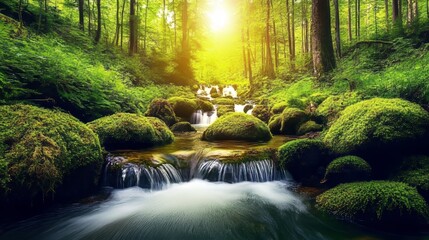 Gentle Stream Cascading Over Moss Covered Rocks in a Serene Forest Landscape Bathed in Morning Light