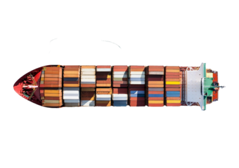 Cargo ship top view on white background, business in transport and logistics.