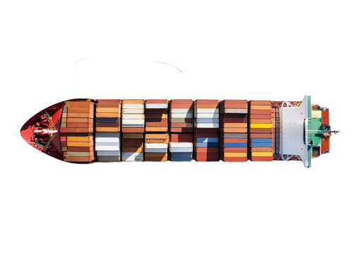Cargo ship top view on white background, business in transport and logistics.