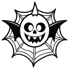 black and white, simple pumpkin-like face, spider web background, high contrast, vector art, minimalist, halloween icon
