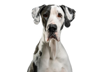 Large harlequin Great Dane with brown eyes Isolated on transparent or white background