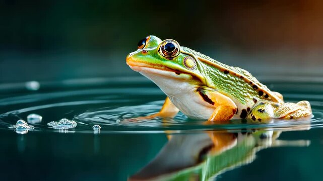 Colorful frog emerging from water at dawn capturing the beauty of nature and wildlife in its serene habitat