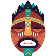 Vibrant Tribal Mask with Geometric Patterns and Bold Colors Featuring an Open Mouth and Expressive Eyes Isolated on White Background