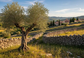 Naklejka premium An ancient, gnarled olive tree stands proudly in a sundrenched mediterranean landscape with stone walls and distant village