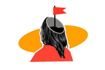 Composite photo collage of anonym girl cut head peek flagpole aim concept business development purpose isolated on painted background