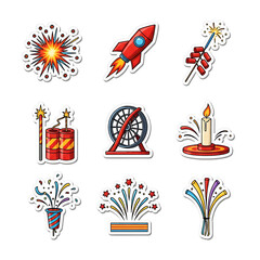 Vibrant vector icons set of festive fireworks, rockets, sparklers, explosive displays for joyful celebrations, events. A crisp and dazzling collection for holiday and party designs