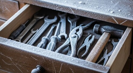A frosty toolbox drawer filled with frozen hand tools including wrenches screwdrivers pliers and a hammer