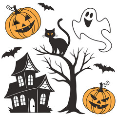 Obraz premium eerie, dark, spooky, haunting, gothic, halloween, jack-o'-lanterns, black cat, bare tree, spider web, bats flying, silhouette, monochrome, detailed illustration 