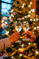 Close-up of two people making a festive toast with white wine glasses in front of a blurred Christmas tree.