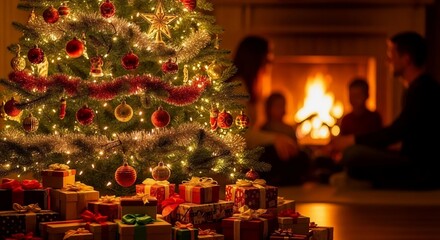 close up of a beautiful Christmas tree with decorations with a family in front of the fireplace in the background.