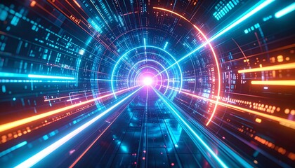 A futuristic tunnel of light with neon lines, offering a glimpse into a high-tech world
