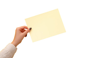 Obraz premium hand holding blank yellow card on white background.
