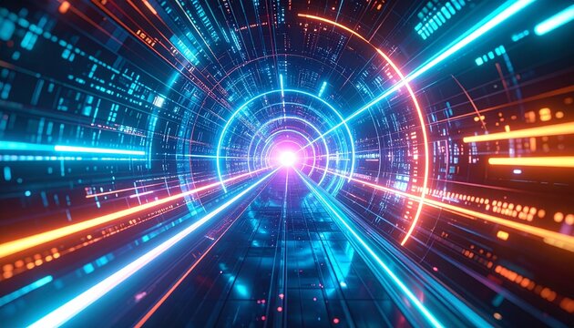 A futuristic tunnel of light with neon lines, offering a glimpse into a high-tech world